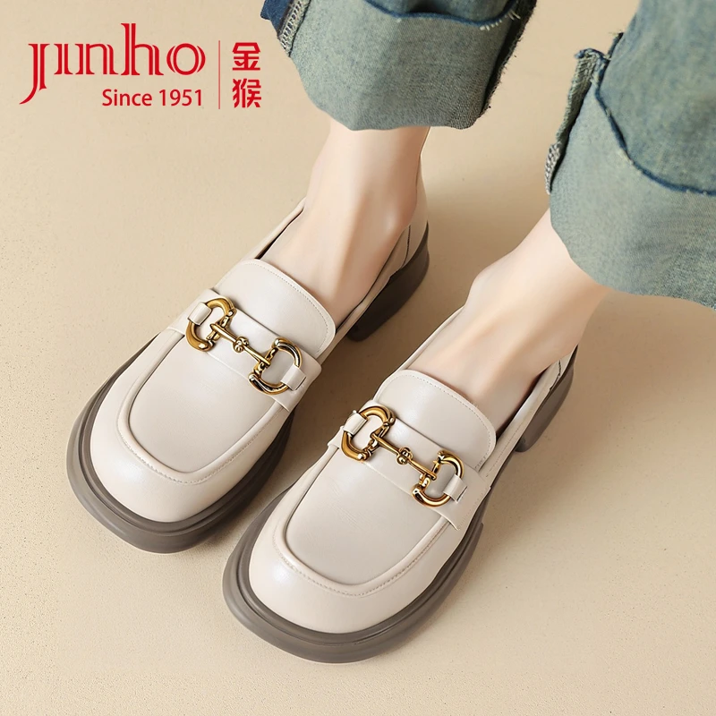 Jinho/金猴真皮复古英伦风女士粗跟皮鞋复方头百搭乐福鞋SQ50070A