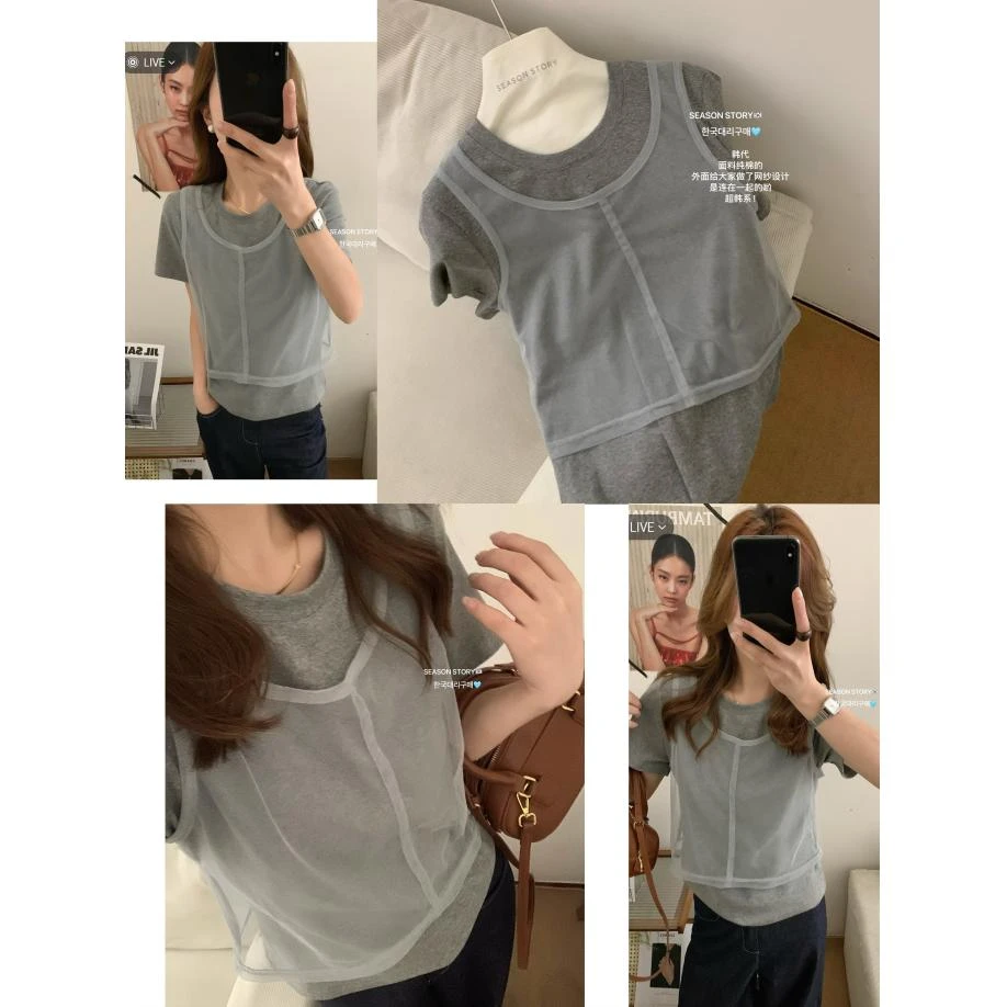 SS/SEASON STORY 圆领正肩短袖T恤女宽松短款叠穿网纱假两件T恤