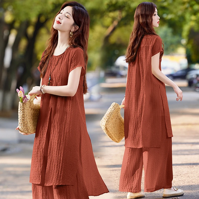 休闲时尚开叉上衣套装女2025年夏季新款气质显瘦长衫阔腿裤三件套