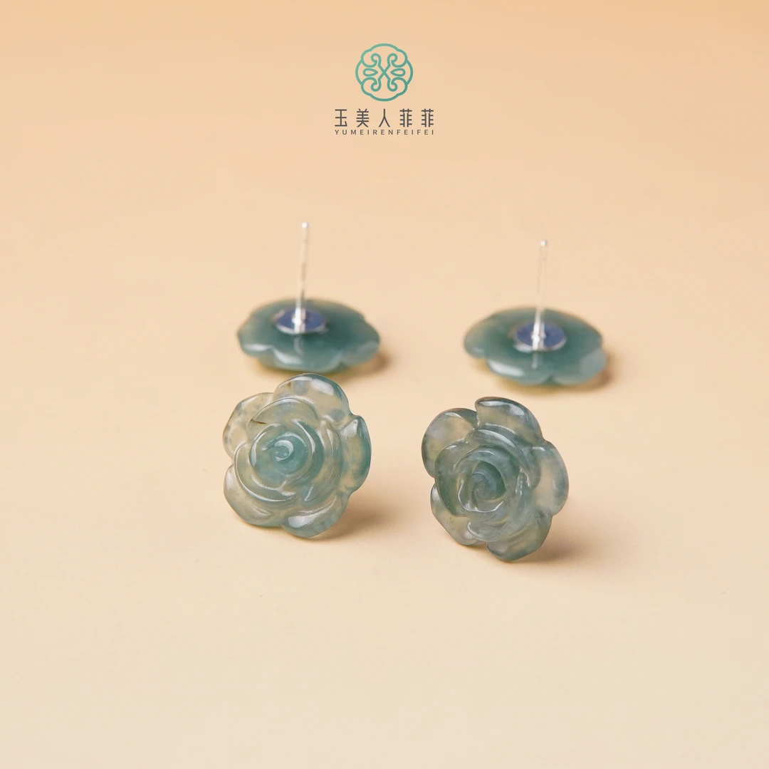 玉美人菲菲-翡翠玫瑰花耳钉约13mm+-多样性发一