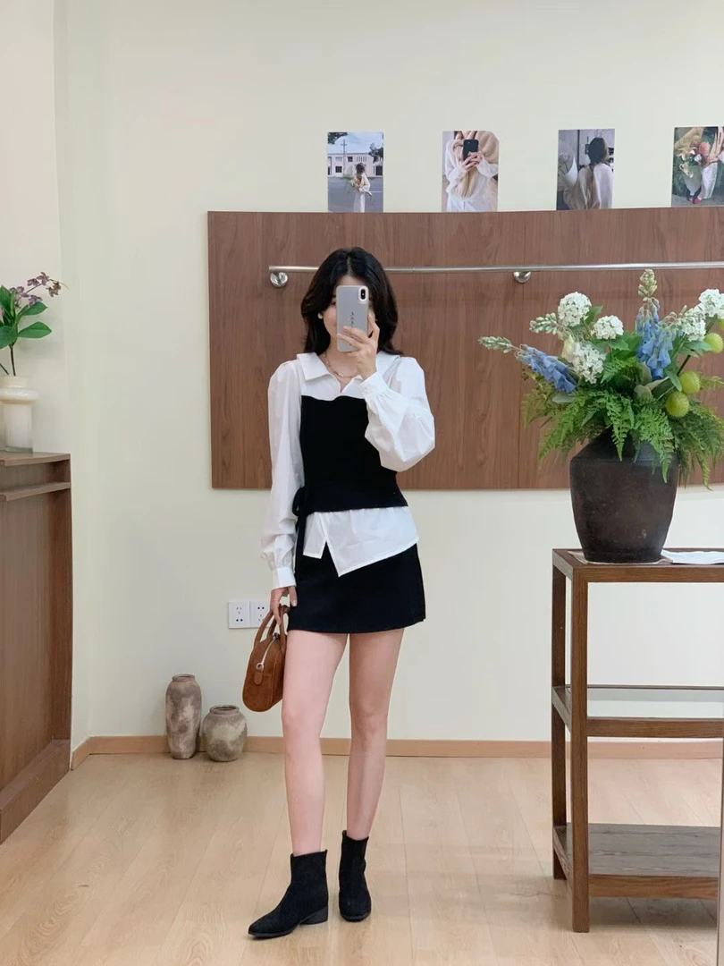 婳婳同款早秋新款韩系拼接设计显瘦翻领假两件衬衫