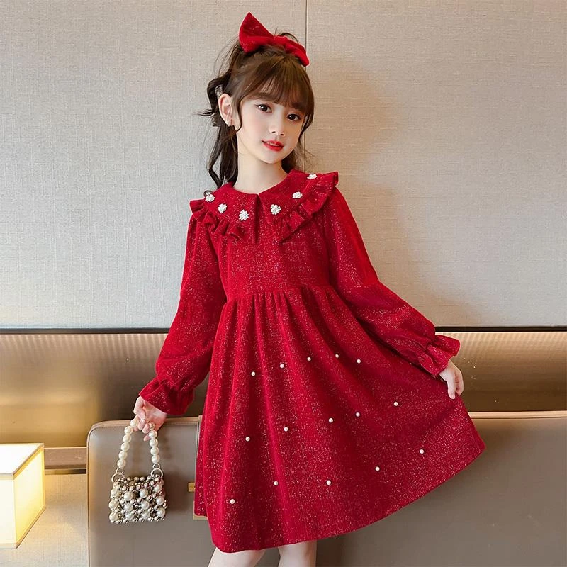 女大童加绒洋装秋冬季2025新款女孩公主裙红色拜年服加厚裙子。
