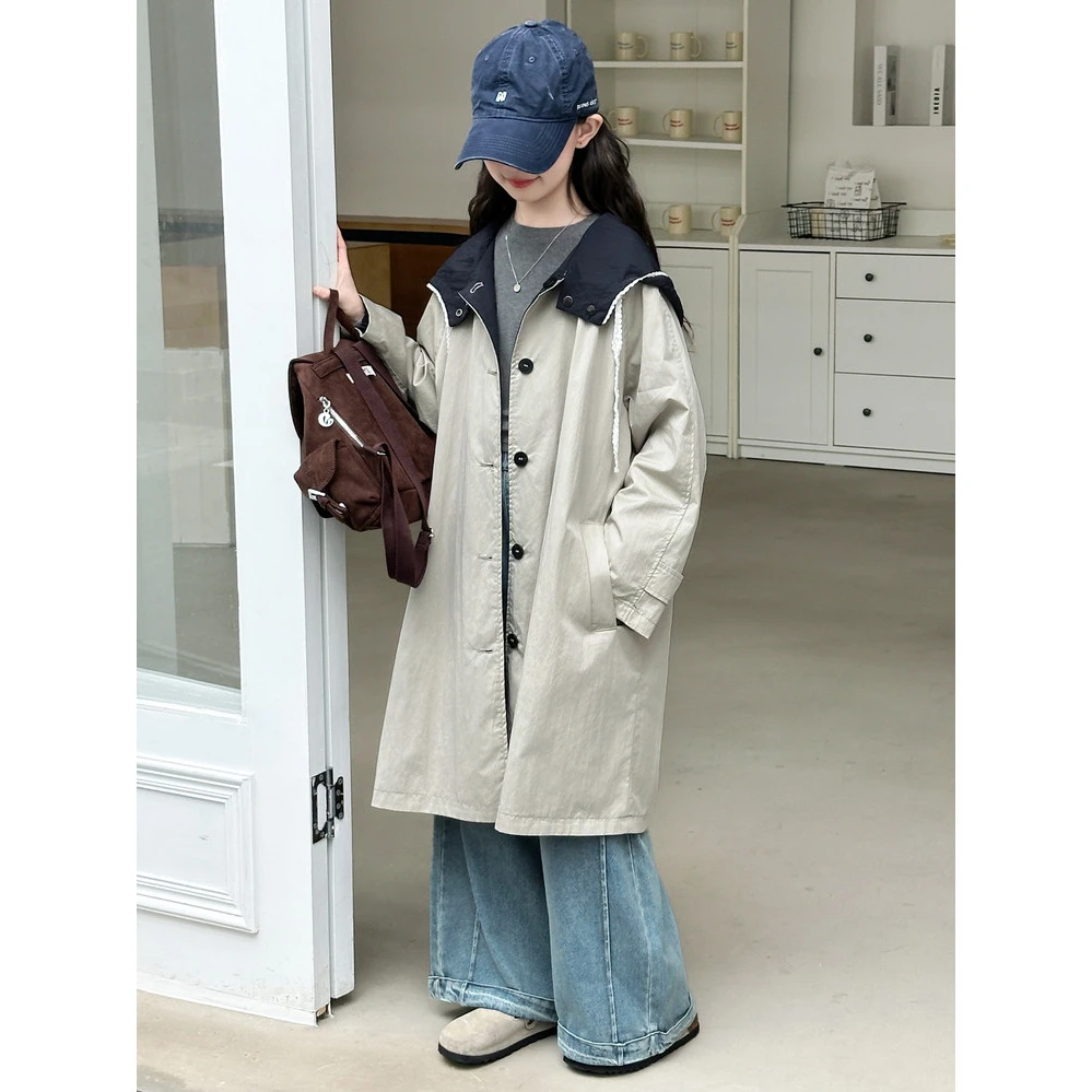 女童长款外套2025新款女大童洋气时髦韩版大衣儿童早秋款秋装风衣