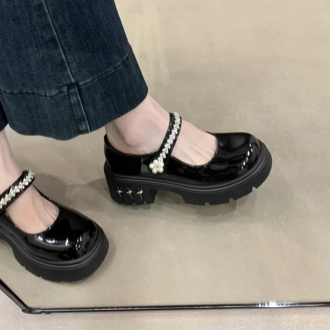 法式英伦风珍珠粗跟jk小皮鞋女2025秋夏季高跟配裙子厚底玛丽珍鞋