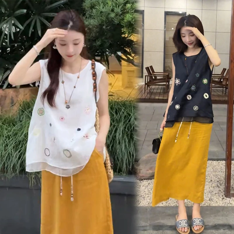 高级感老钱风马甲2025夏新款法式休闲无袖背心上衣高腰半身裙套装