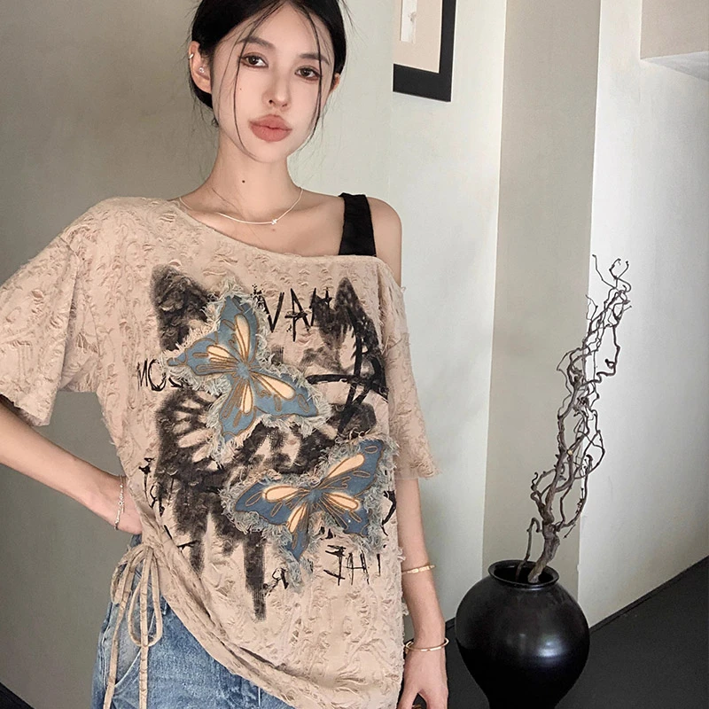 胖mm美式复古甜酷辣妹蝴蝶贴布T恤夏季新款韩版宽松短袖上衣女ins