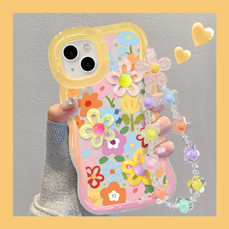 适用于苹果16可爱绘画花朵手机壳oppo华为vivo简约小清新双支架新