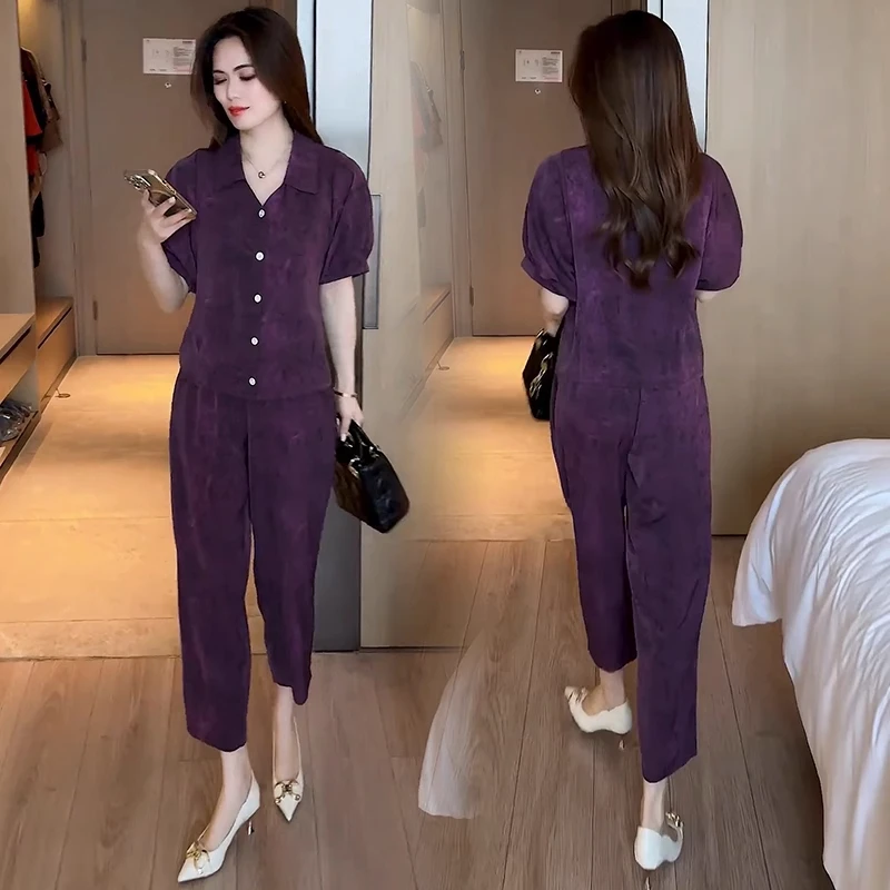 时尚套装女士2025夏季新款洋气质宽松显瘦短袖衬衫哈伦裤两件套