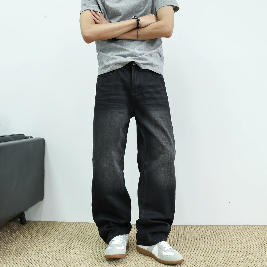 秋冬水洗黑灰遮肉显瘦男士弯刀直筒牛仔裤美式复古vintage长裤男