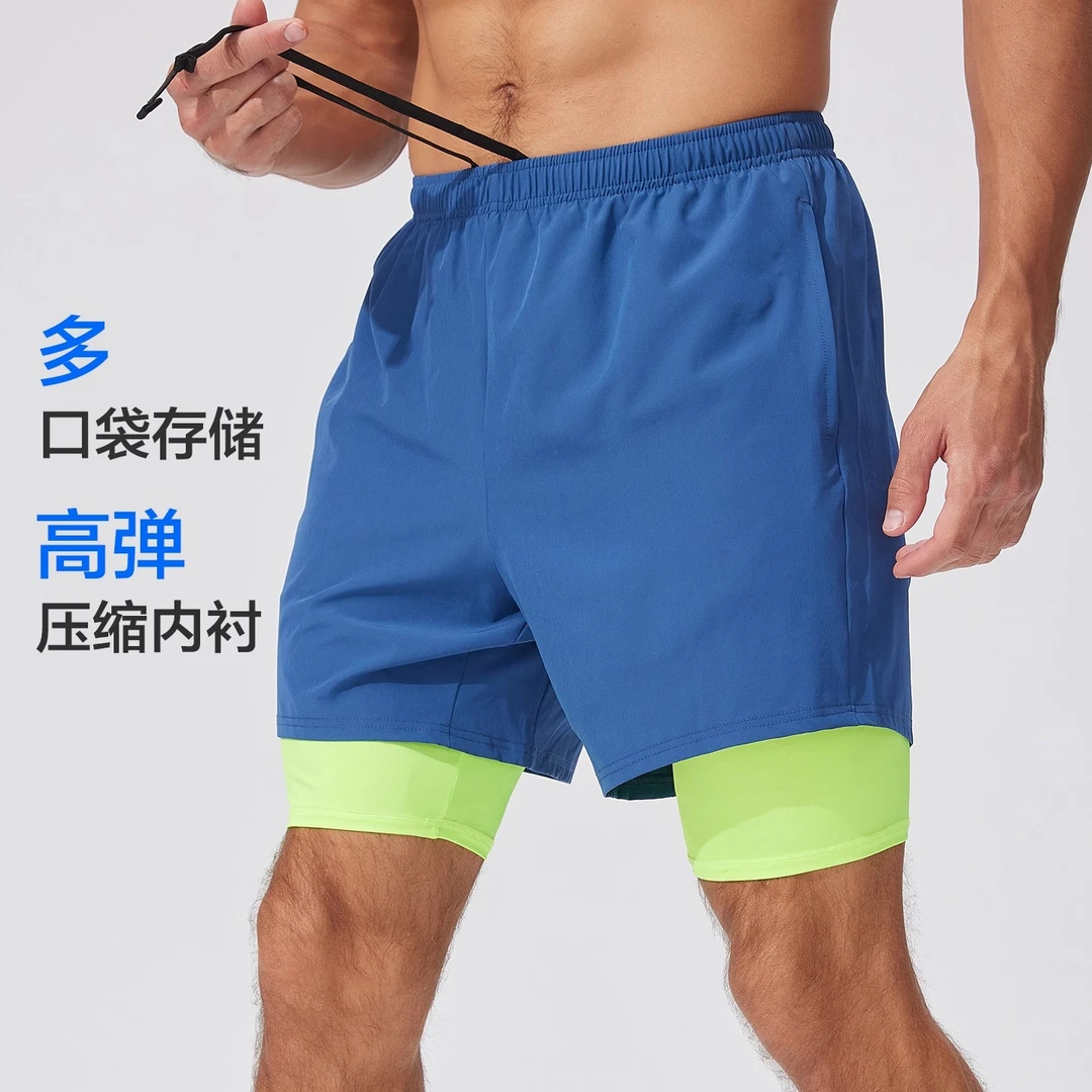 夏季新品二合一双层压缩速干运动短裤跑步健身训练透气四分裤子男