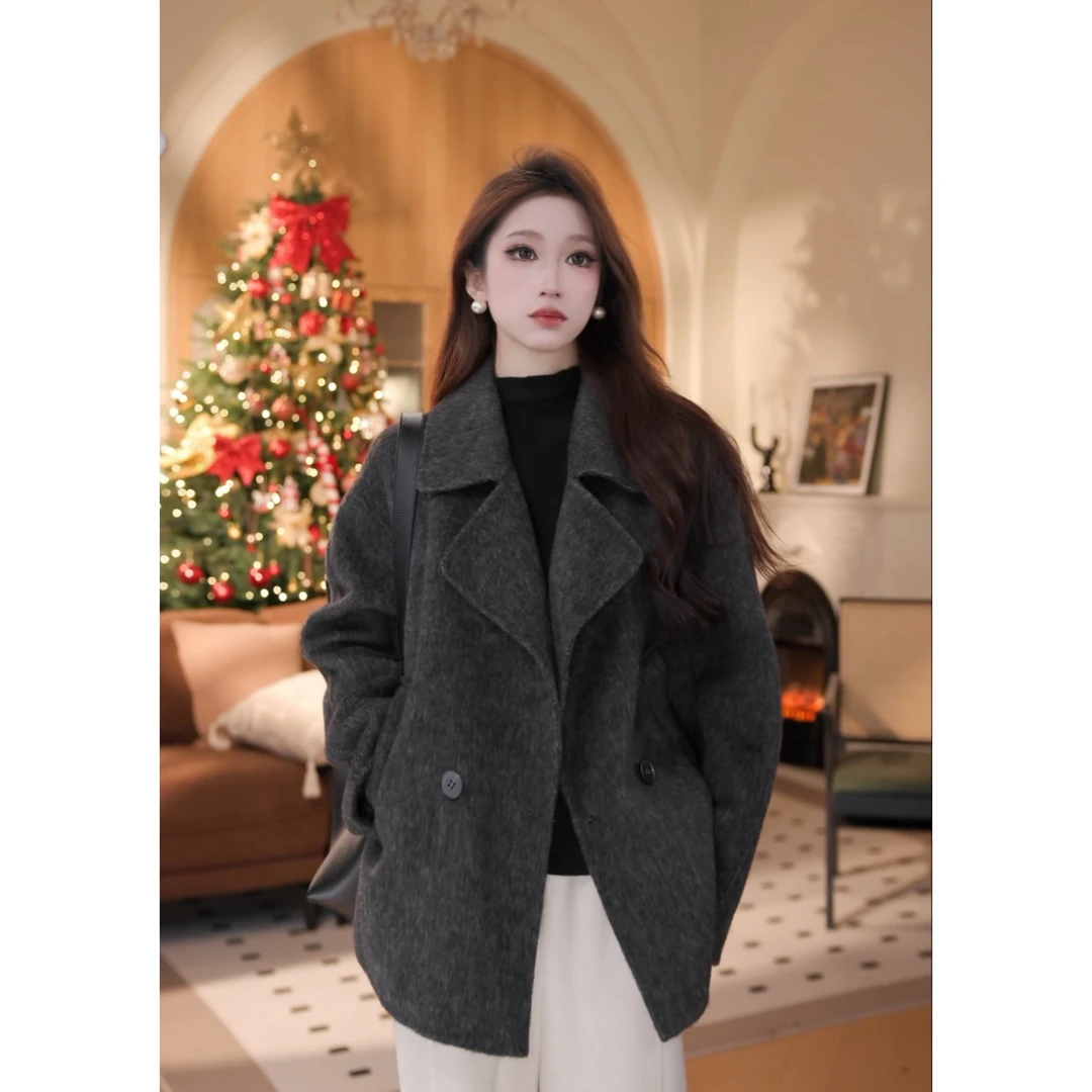 【闭眼入】新款双面绵羊毛大衣短款外套宽松欧韩版宽松百搭休闲