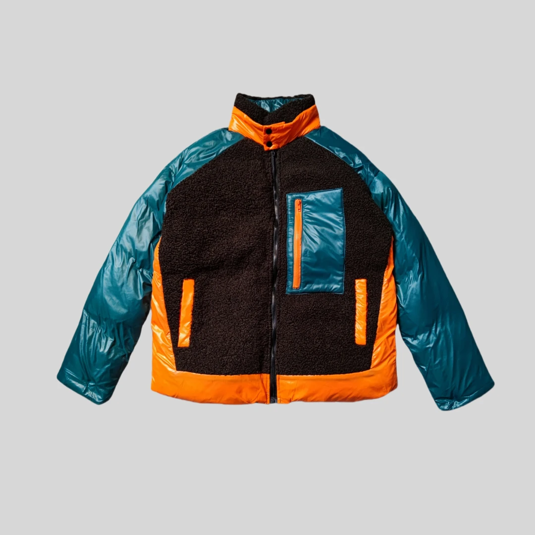 潮牌拼接仿羊羔绒撞色时尚棉服冬季加厚保暖宽松高街棉衣外套