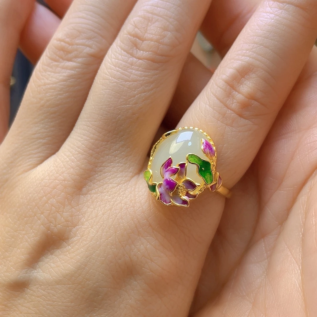 和田玉银S925镀金镶嵌戒指