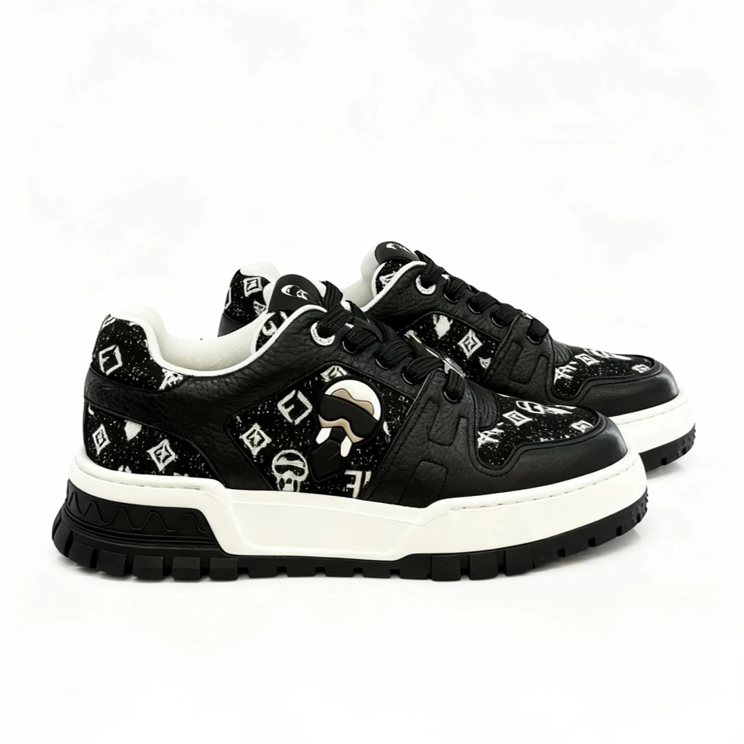 LAOFOYE老佛爷黑色板鞋男士提花刺绣时尚休闲潮流中低帮