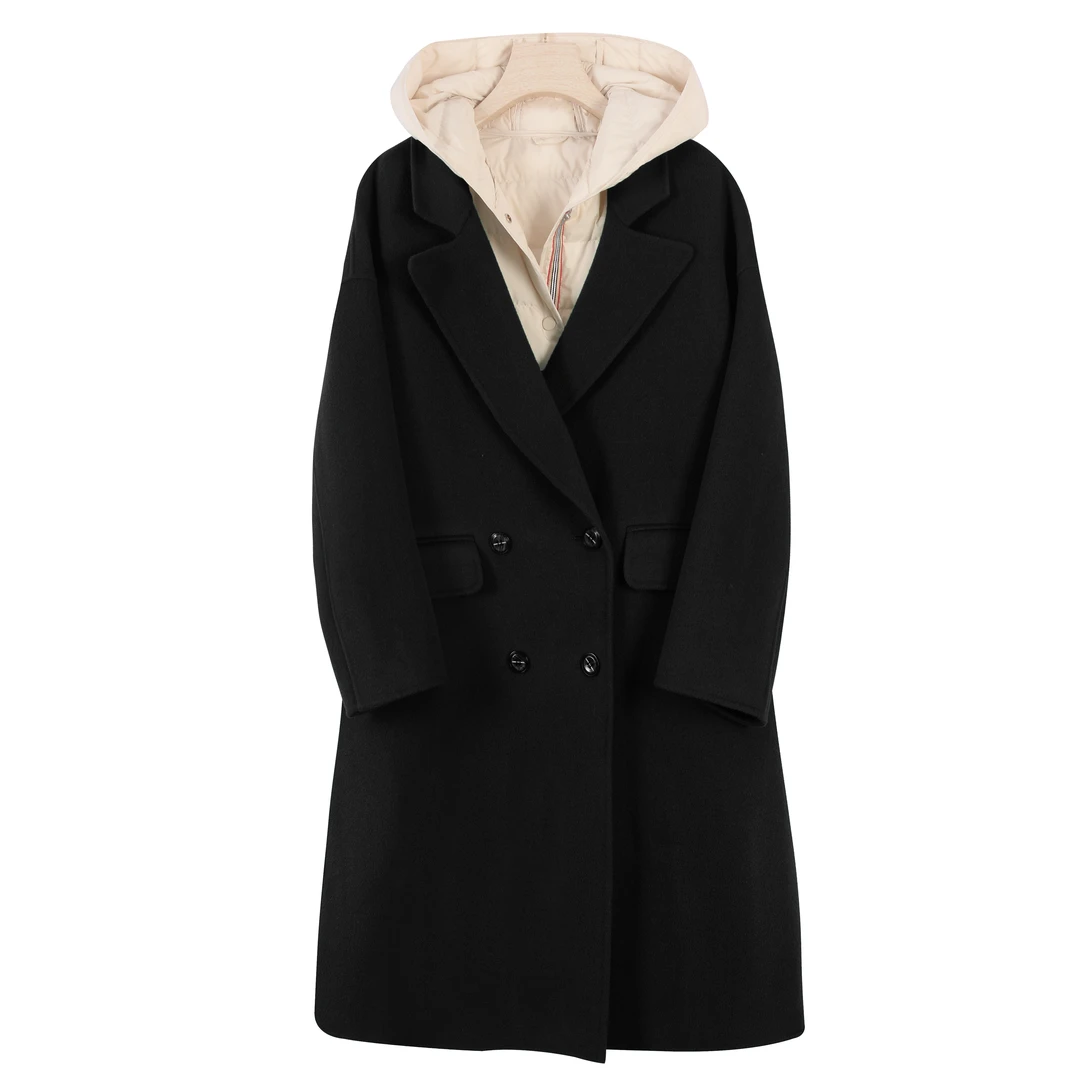 羊毛羽绒两件套2623秋冬保暖双排扣宽松大衣长款毛呢外套