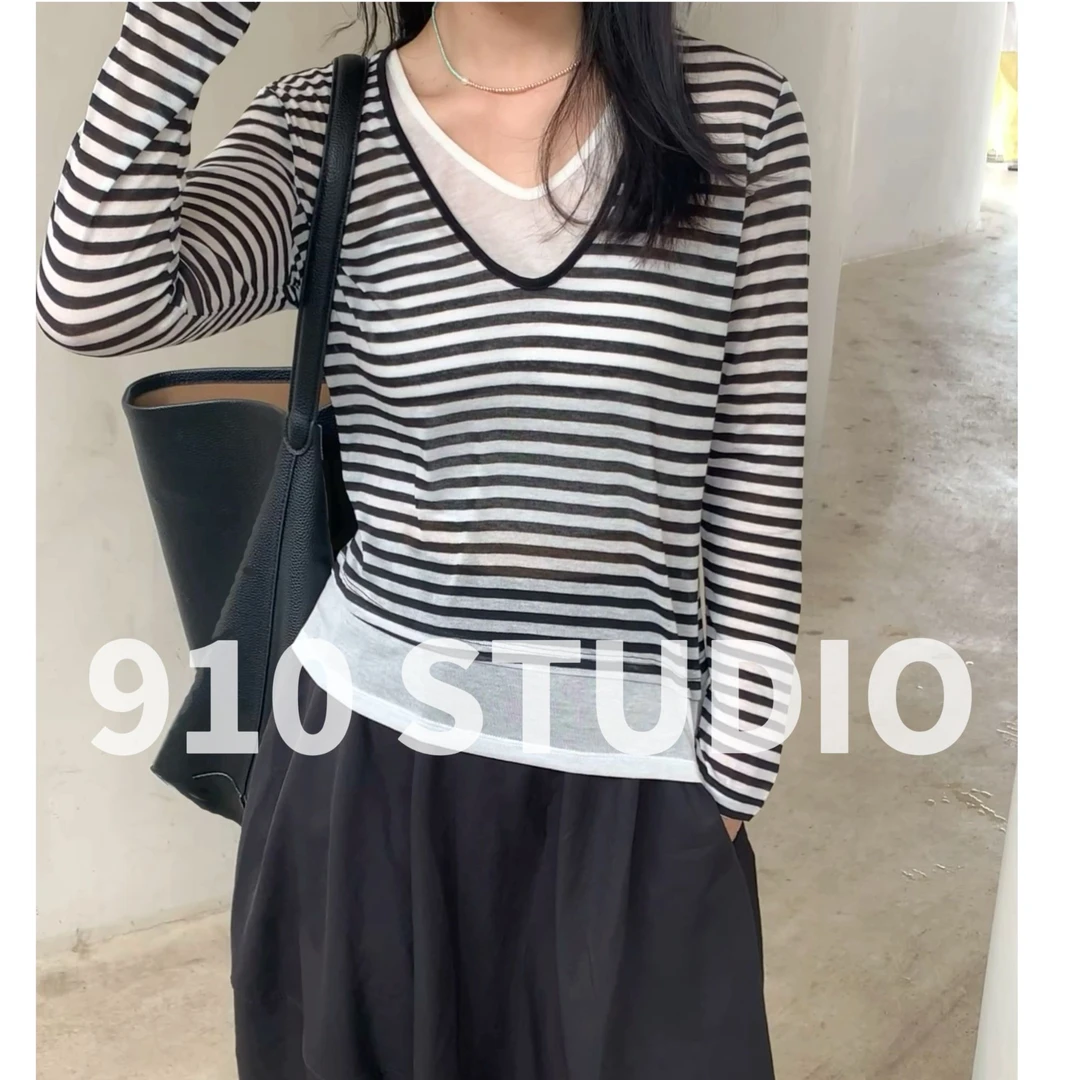 极简百搭条纹微透假两件长袖针织T 910-STUDIO