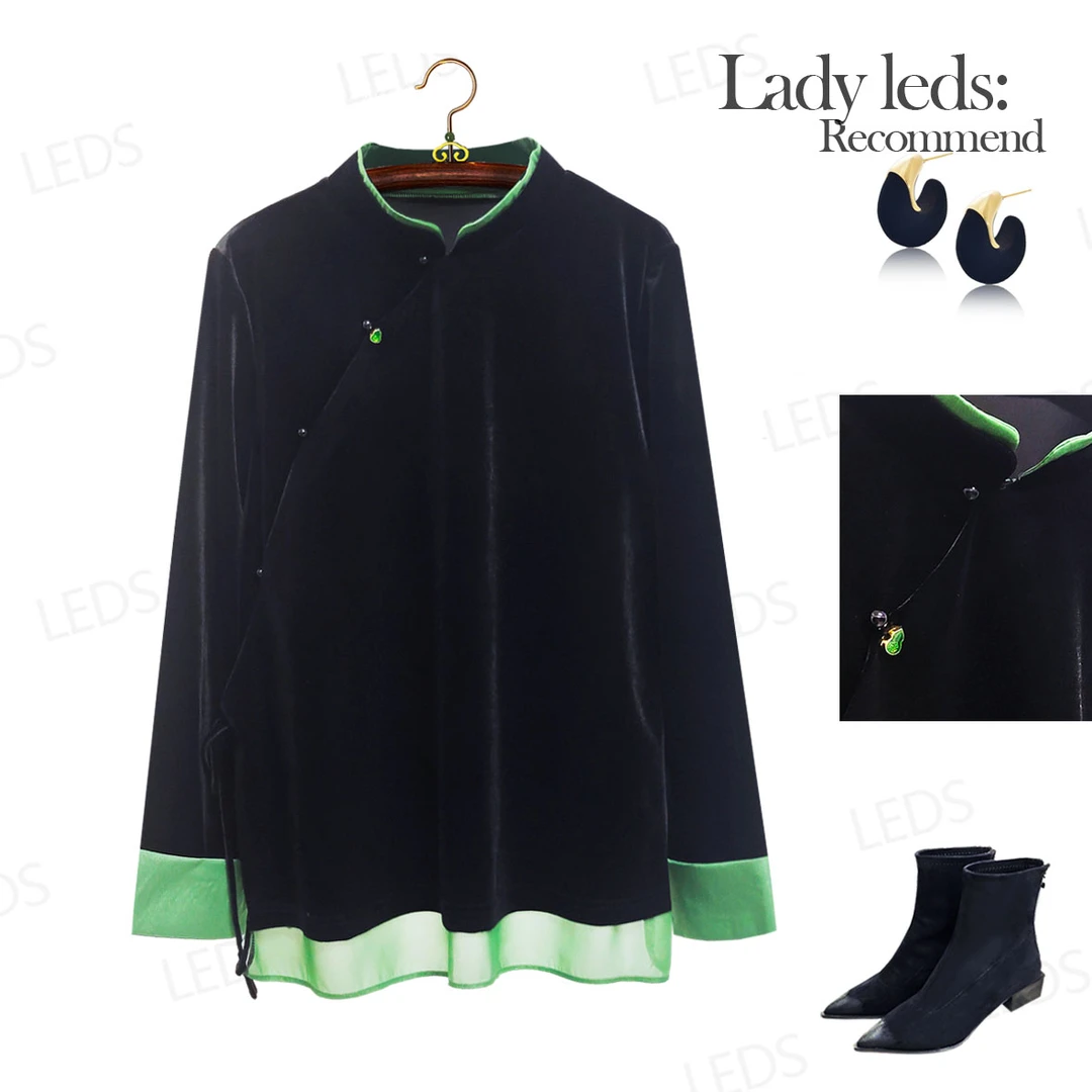 LEDS S553冬季新款时尚百搭中式丝绒拼纱黑色上衣