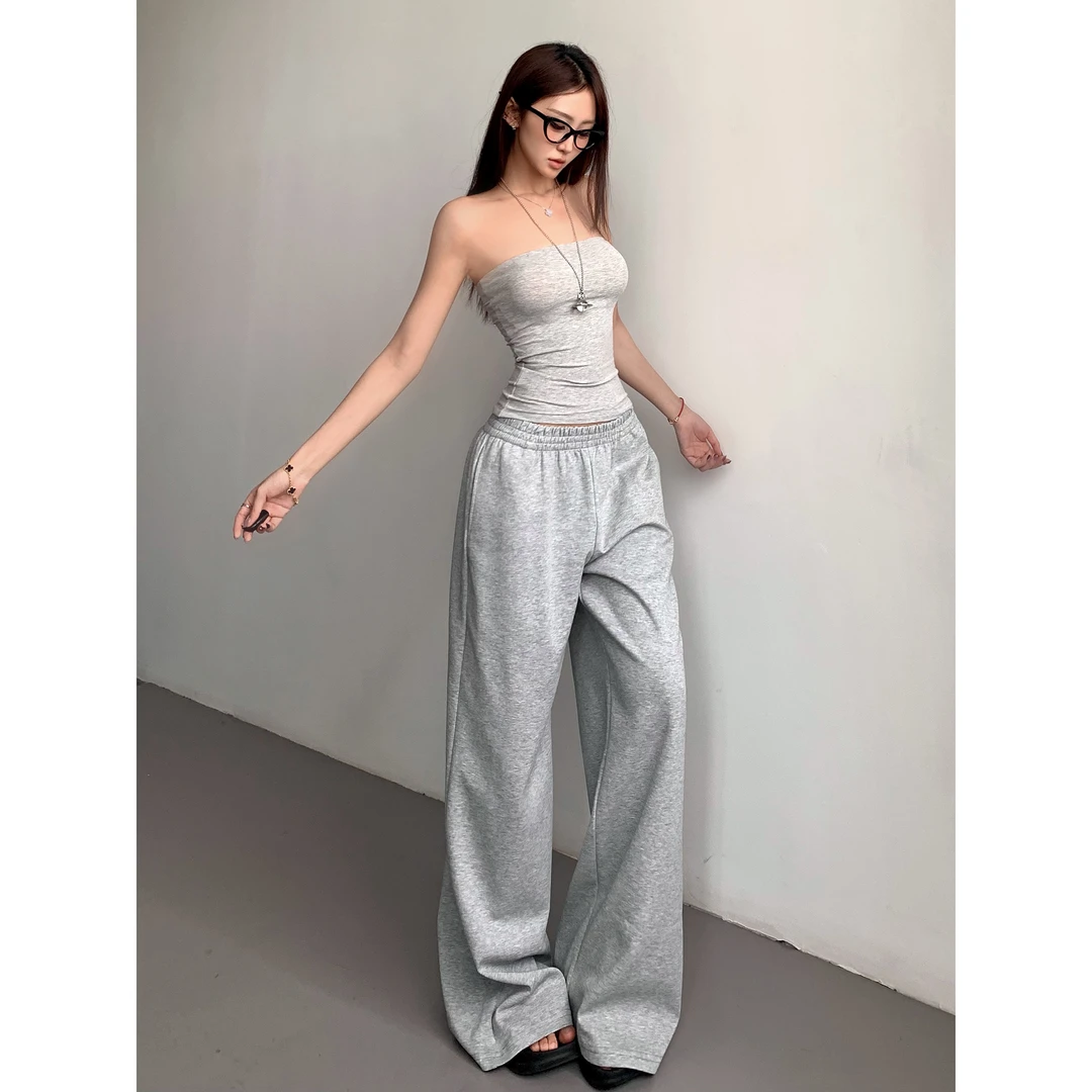 美式辣妹skims阔腿裤女夏薄款松紧高腰垂感直筒宽松休闲灰色卫裤