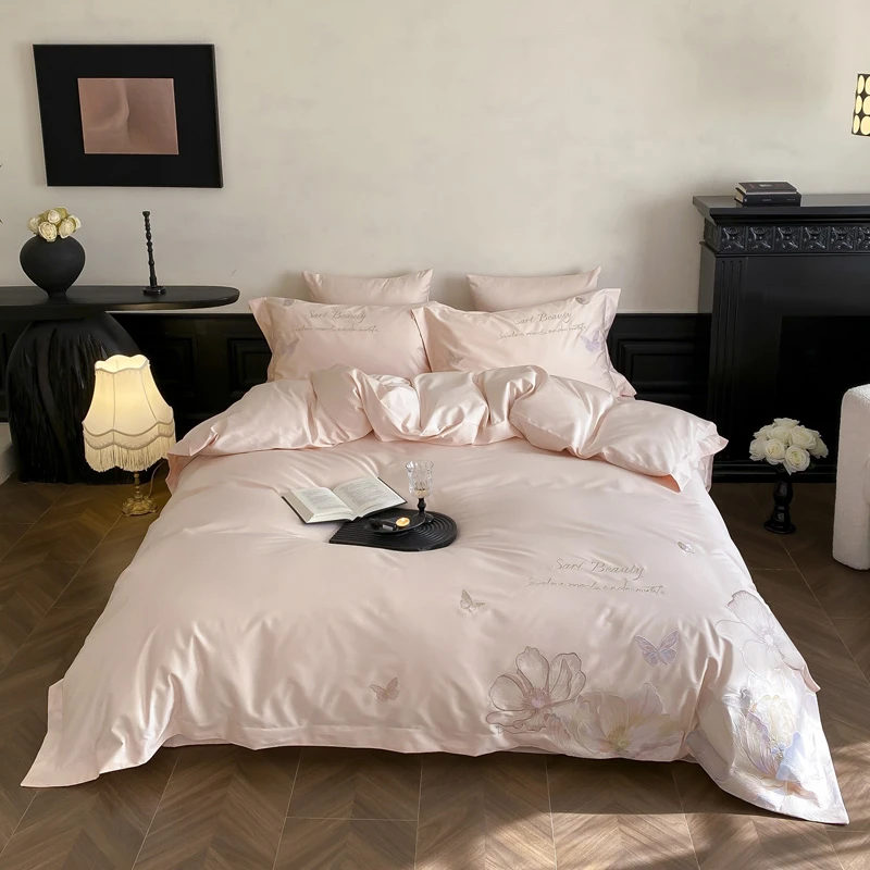 美如梦丨翩翩起舞 精致绣花全棉四件套纯棉拼角大宽边床上用品