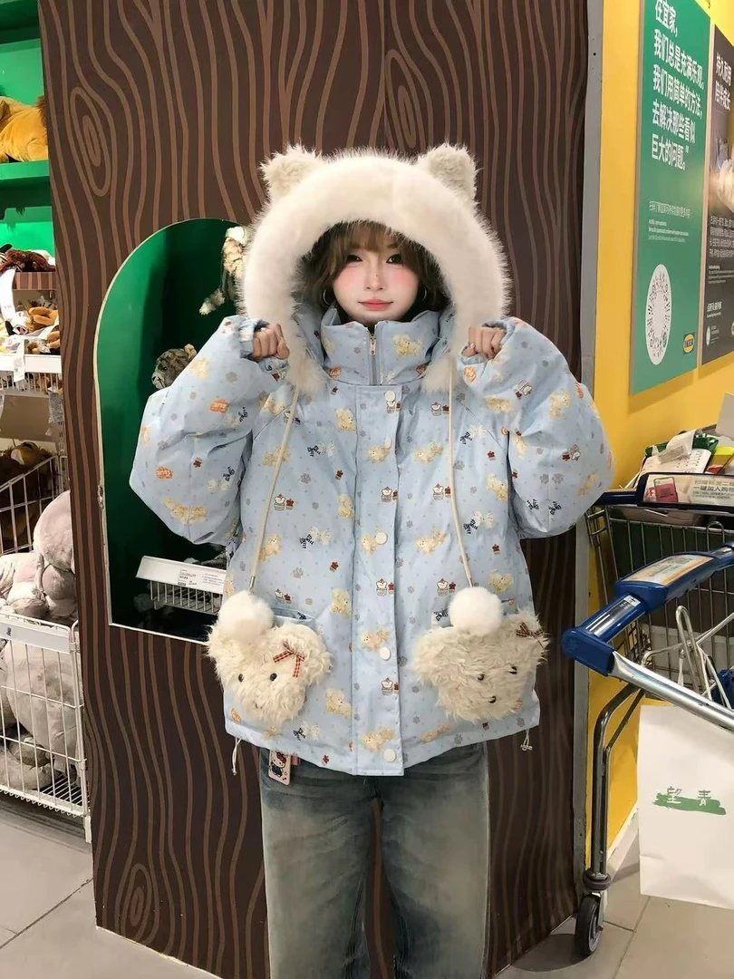 可爱卡通波点植绒小狗毛领连帽棉服女冬季学生宽松保暖面包服外套