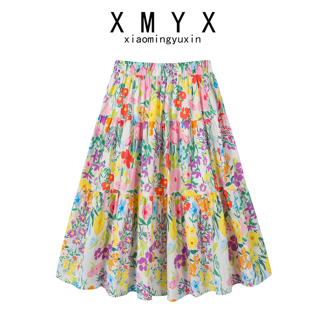 【XMYX】彩色缤纷花卉黄色碎花宽松半身裙女夏季中长款裙子