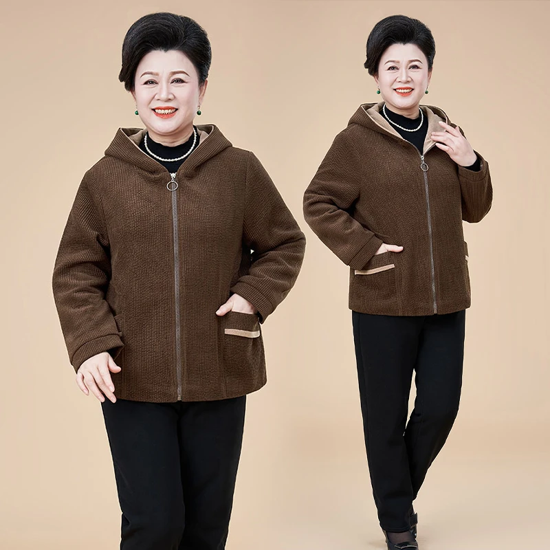 母亲衣服春秋季加大码纯色外套阔太太气质上衣连帽拉链夹克妈妈装