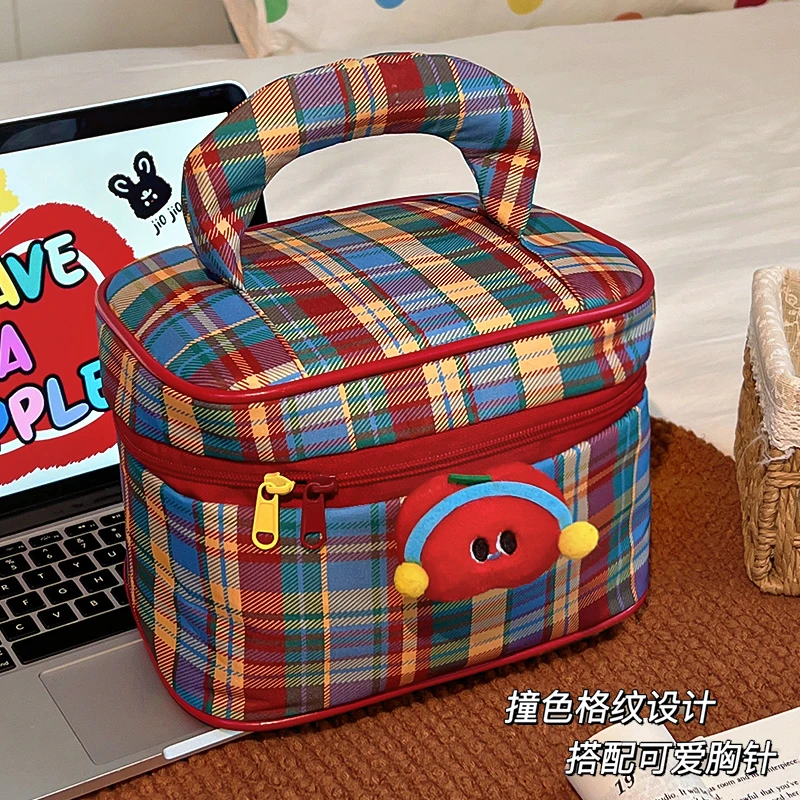 美式复古化妆包大容量格纹2025年旅行洗漱包便携女生手提收纳包