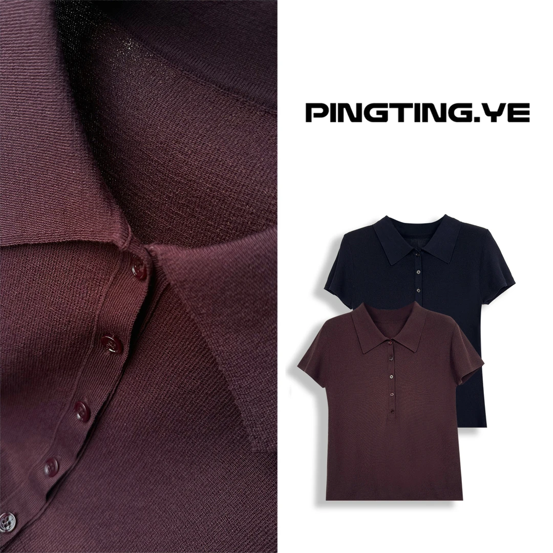 PINGTING.YE法式纯色修身polo翻领设计感针织T恤PT3129