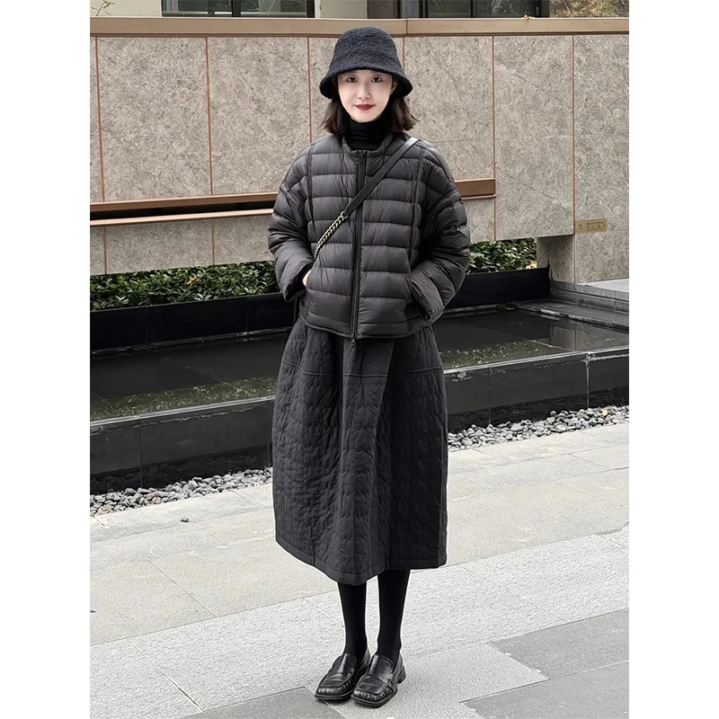 巨好看的冬装一整套韩系高级感黑色棉服上衣叠穿连衣裙套装女高级