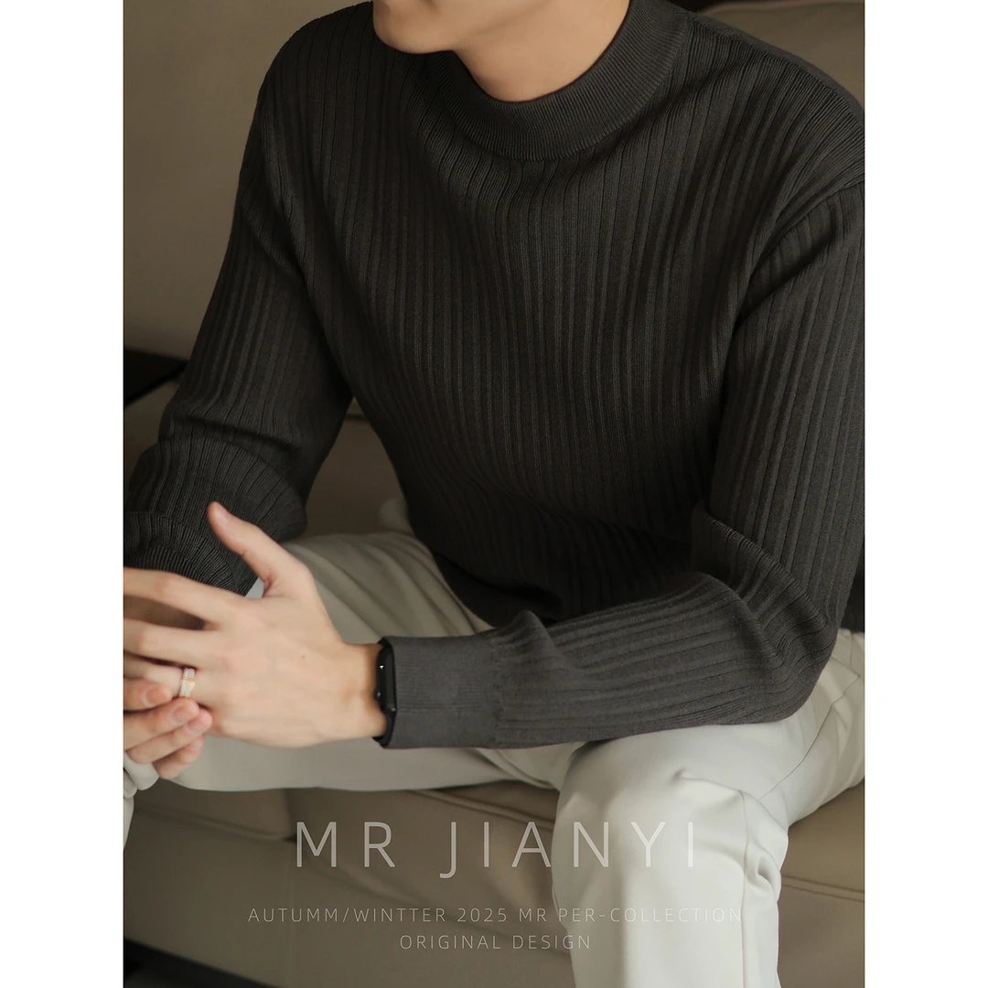 MR JIANYI秋冬轻熟竖纹坑条感圆领长袖打底针织衫百搭内搭毛衣男
