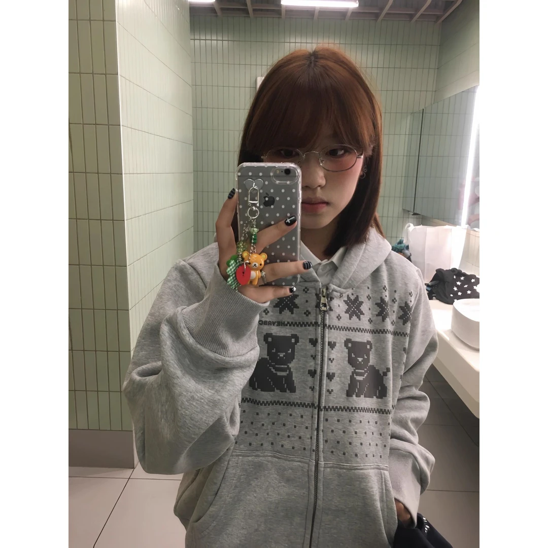 韩系复古小熊连帽卫衣女2025秋新款小个子灰色宽松百搭休闲外套