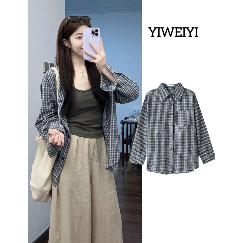 港风复古格子长袖衬衫女2025夏季新款宽松慵懒风休闲百搭衬衣上衣