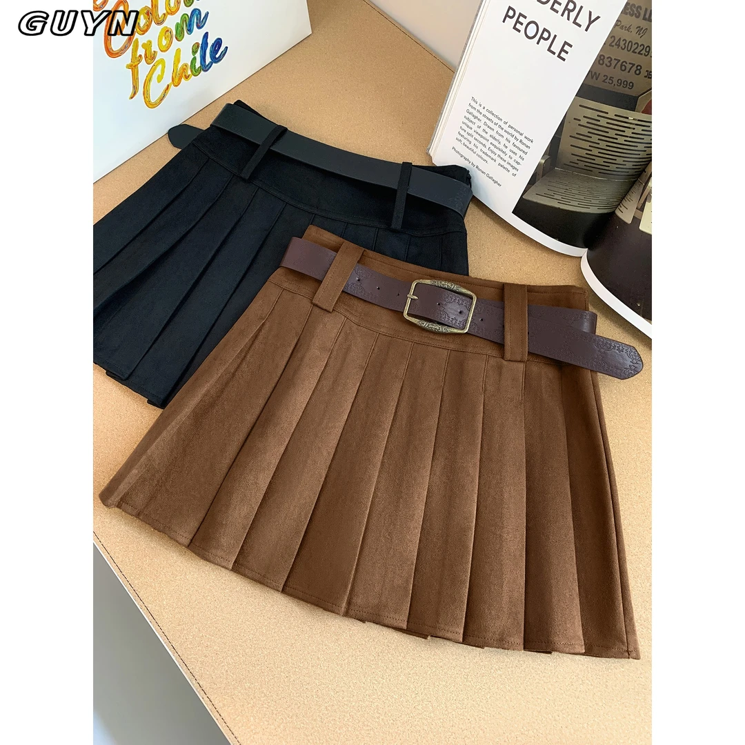 GUYNa字百褶短裙女2025秋季新品高腰显瘦防走光覆古洋气半身裙