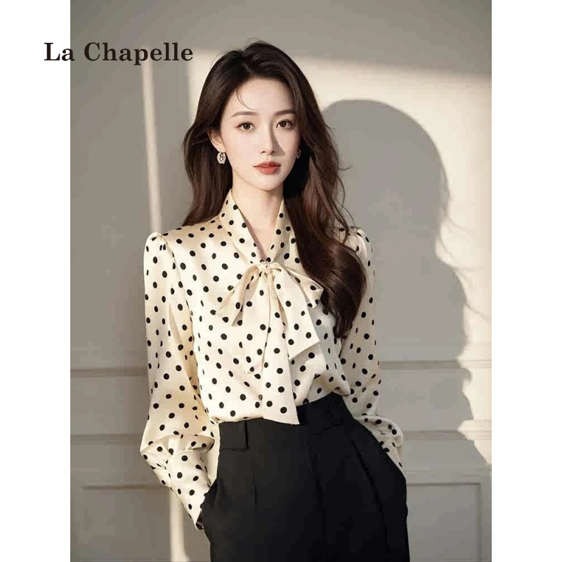 拉夏贝尔减龄显瘦2025春季新款蝴蝶结飘带波点气质衬衣女衬衫上衣