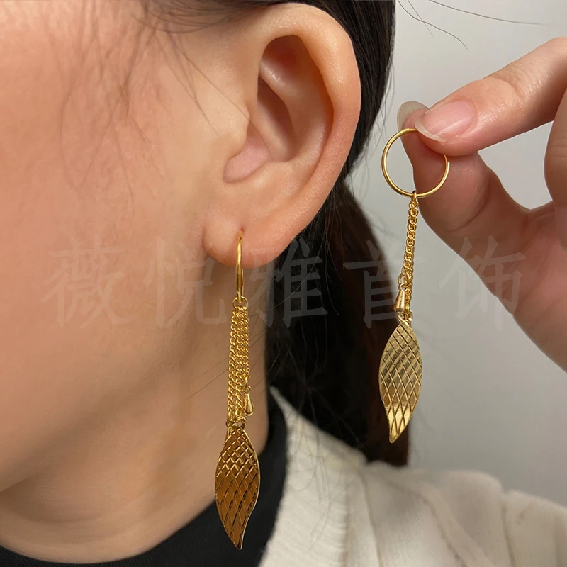 32C耳圈流苏叶子耳环百搭金色简约气质耳坠 时尚耳饰