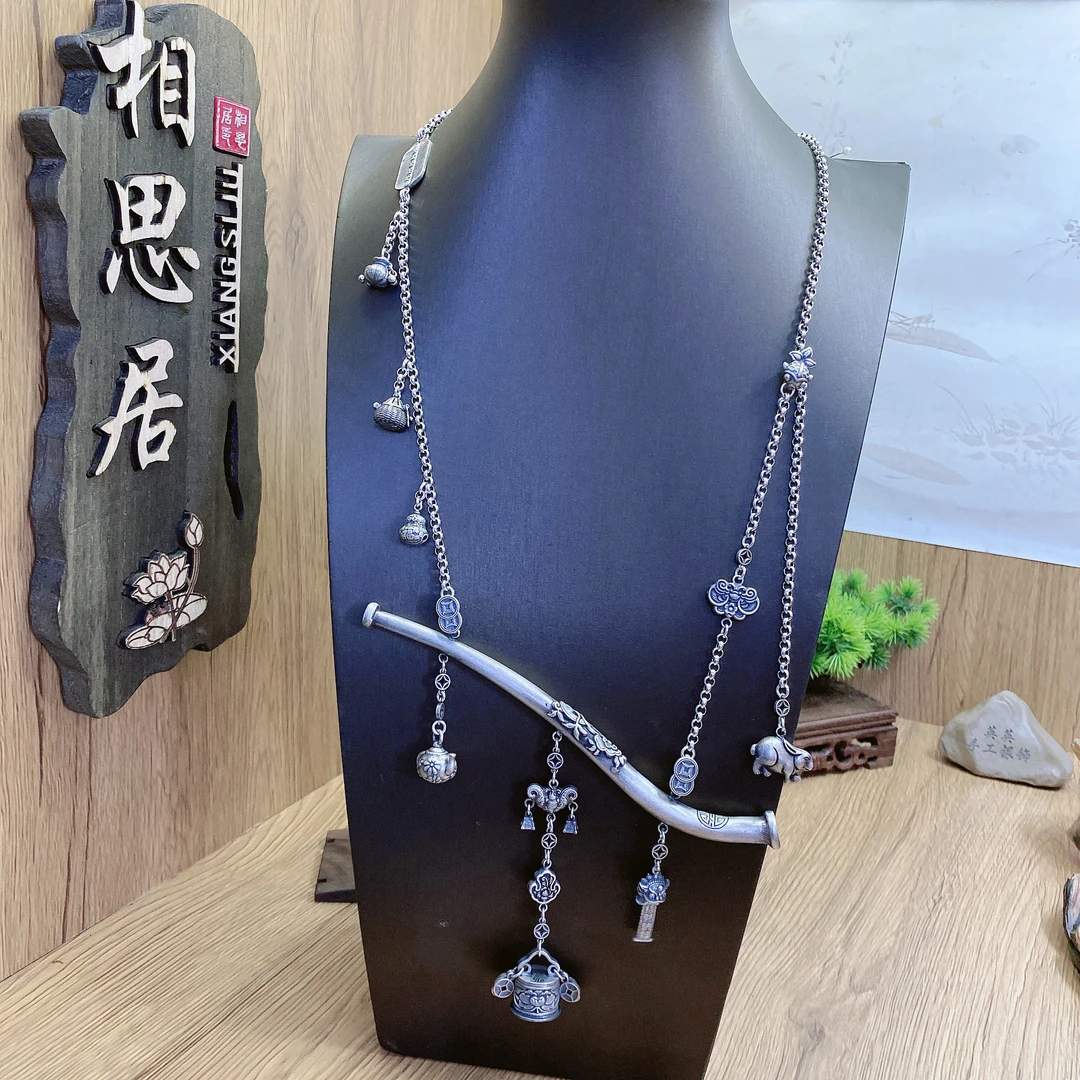 链子925银 英英手工錾刻银项链吊坠一套