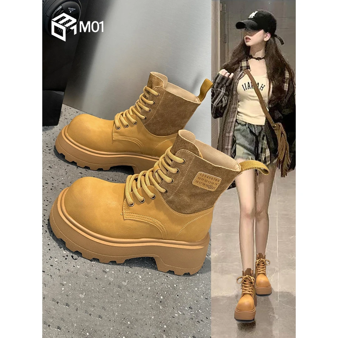 M01马丁靴女春秋单靴2025秋季新款英伦风复古厚底松糕短靴大黄靴