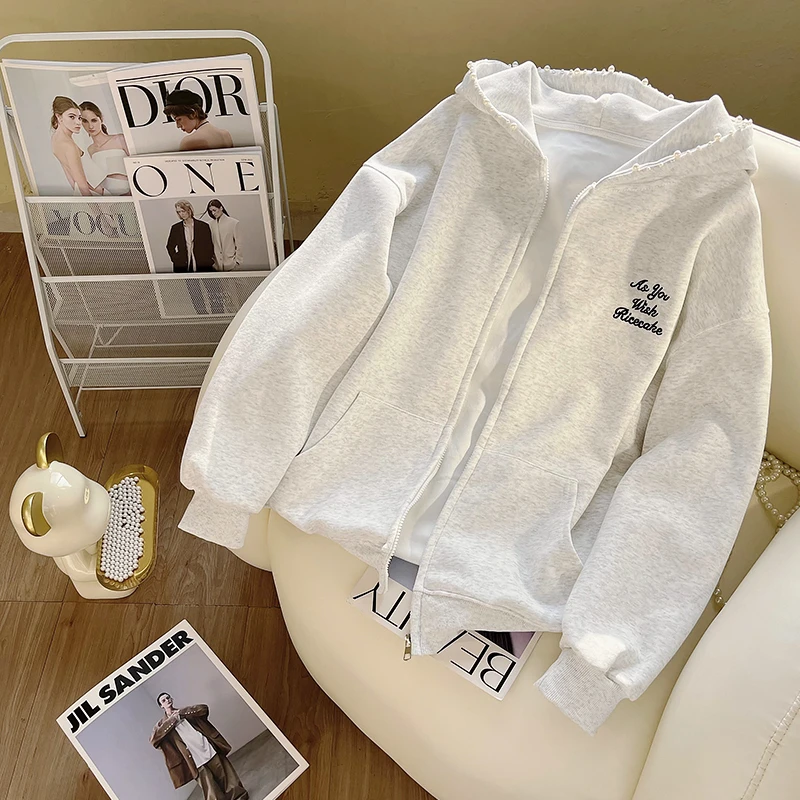 花灰色连帽卫衣女秋冬季2025新款中长款美式复古钉珠设计开衫外套