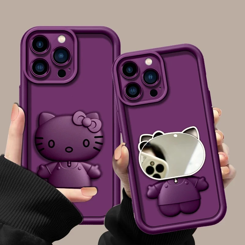 简约KT猫镜子支架手机壳适用于苹果16华为可爱网红梅子色硅胶防摔