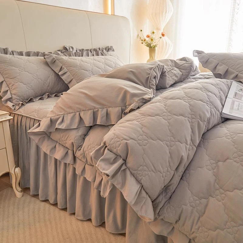 全棉磨毛床上四件套母婴级高支高密花边被套被罩夹棉床裙款床品4