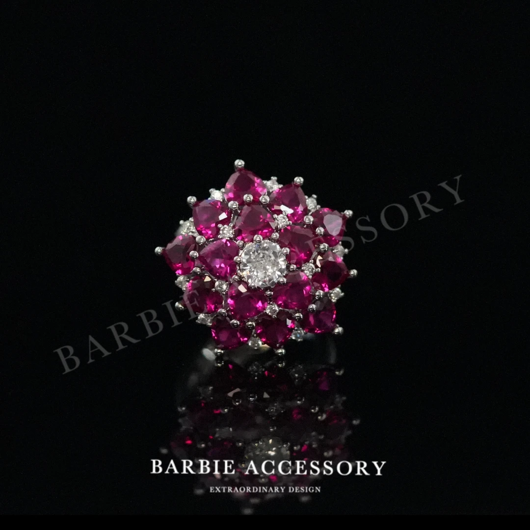 铜合金合成锆石戒指 【红花冰玫】法式既视设计款高级感绝美戒指