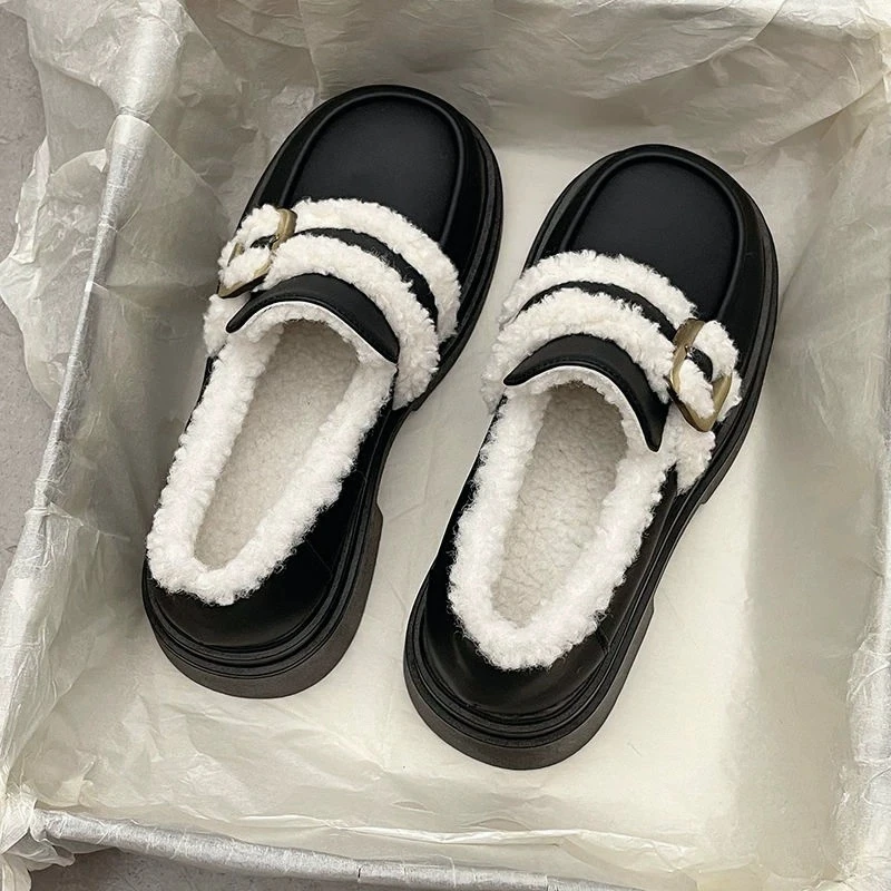 欧33-6毛毛鞋女士乐福鞋上班通勤公务一脚蹬平底保暖棉鞋