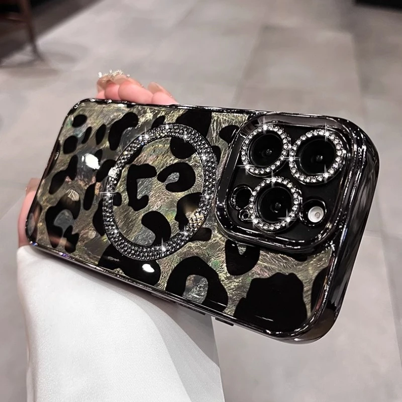 豹纹闪钻磁吸适用苹果16promax手机壳硅胶网红女款电镀轻奢高级感