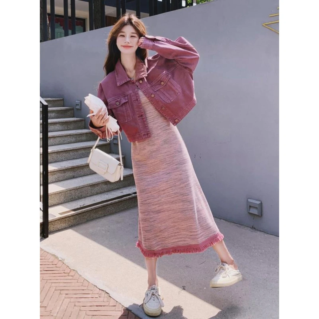 韩系穿搭一整套牛仔外套吊带裙套装女秋2025新款针织连衣裙两件套