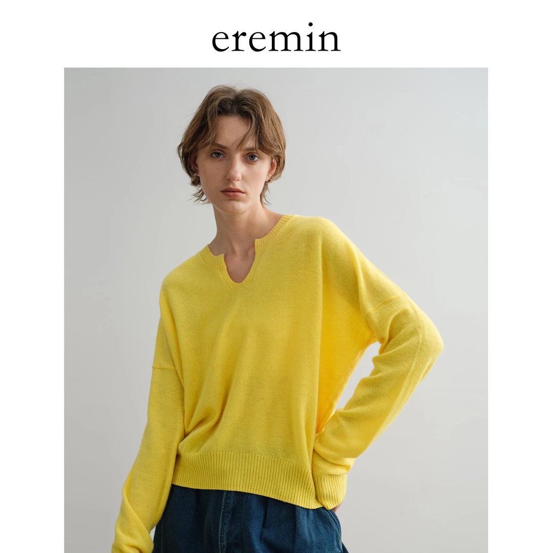 DE Mincollection剪刀领黄毛衣/缪系定染纱平纹全羊毛毛衣40250