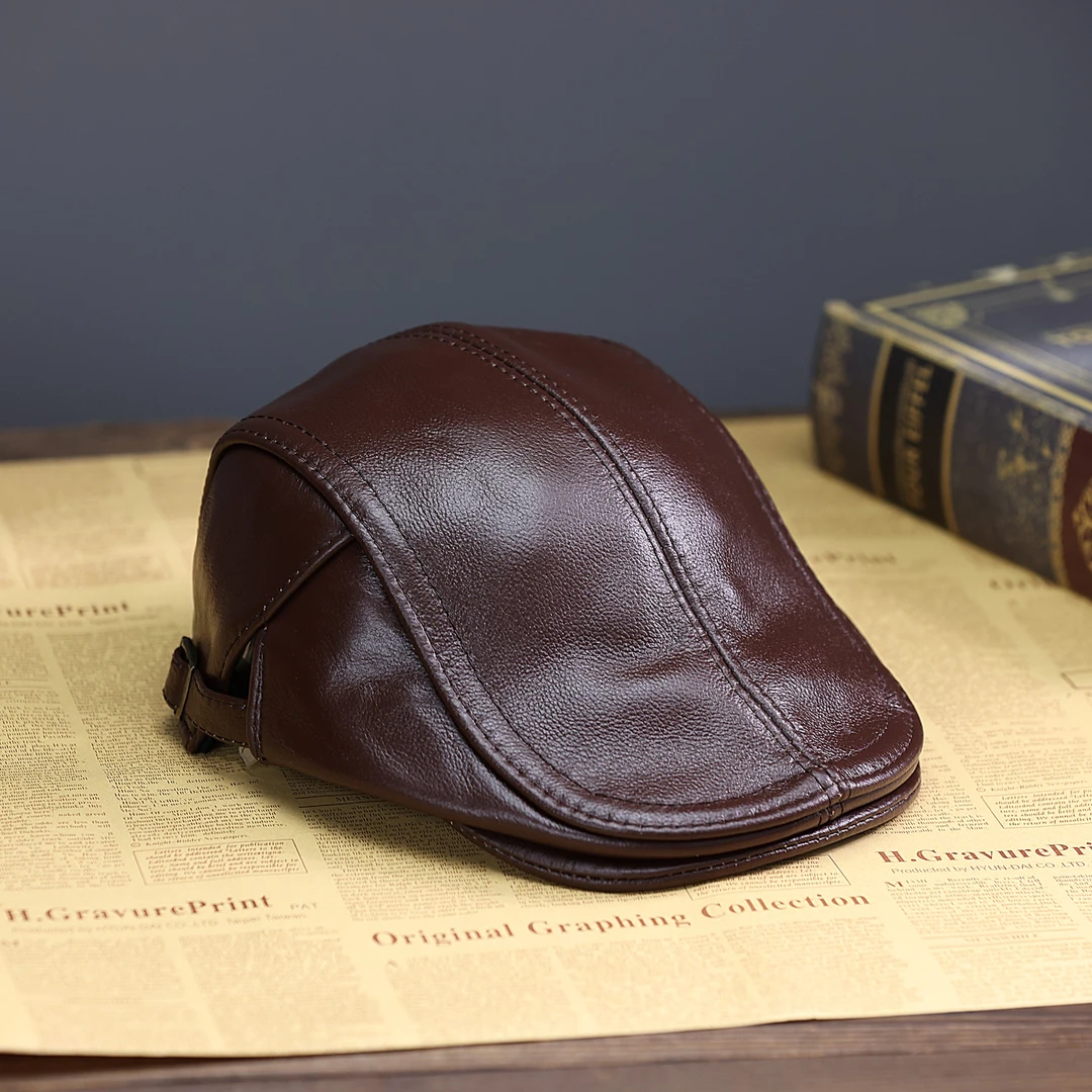 2025真牛皮鸭舌帽加绒加厚冬季保暖爷爷爸爸帽前进帽