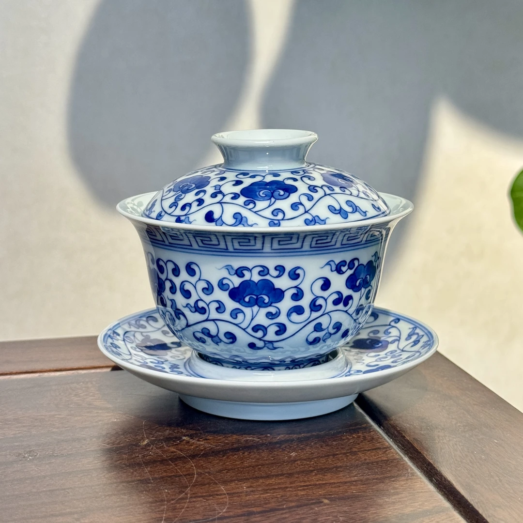 青花缠枝莲 灵芝三才盖碗 景德镇瓷器纯手工手绘茶器