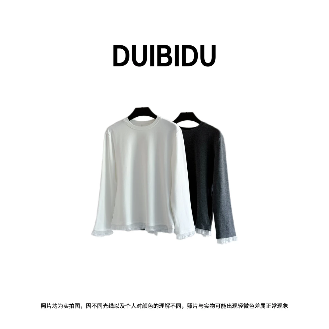 DUIBIDU蕾丝拼接圆领长袖T恤女秋冬内搭显瘦修身百搭打底衫上衣