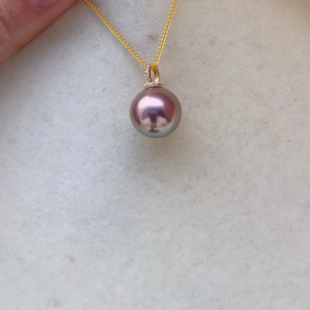 淡水珍珠13-14mm紫珠奶嘴扣18K金镶嵌