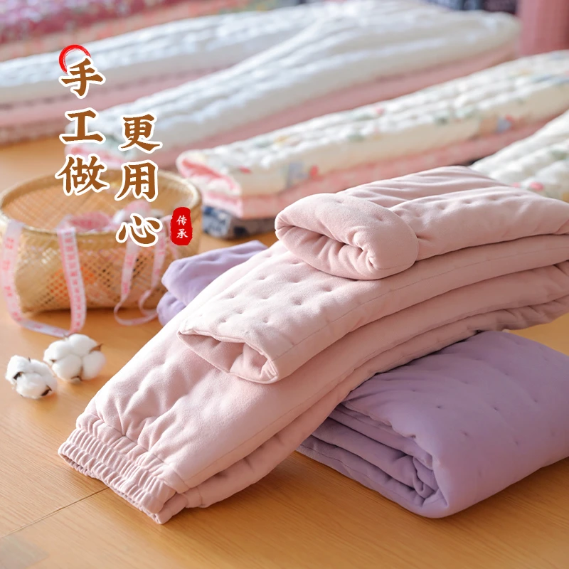 棉花填充手工女士棉裤 冬季保暖裤加厚弹力修身 妈妈居家内胆防寒